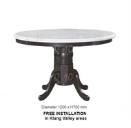 Q 10 -  6 Seater Marble Dining Table / Marble Top Round Dining Table For 6 / 1+6 Marble Dining Set / 4 Feet Round Marble Dining Set / Round Marble Dining Table / White Round Marble Dining Set For 6 / Marble Dining Table With Solid Wood Leg (TWH)