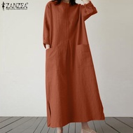 ZANZEA Women 3/4 Sleeve Round Neck Casual Loose Vintage Kaftan Long Maxi Shirt Dress #15