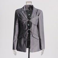 ชุดสูทคอตั้งไม่สมมาตร VGH ดีไซน์เก๋ไก๋ กระโปรงสั้นแบบแยกชิ้น แขนยาว สไตล์ทำงาน ฤดูใบไม้ผลิ 2024