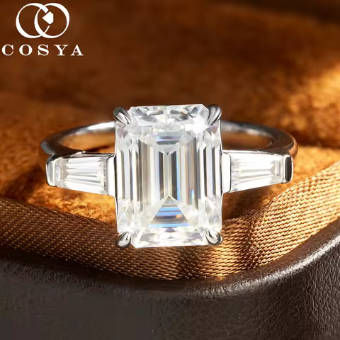 COSYA 4.5CT 8*11MM Emerald Cut Moissanite Diamond Ring For Women 100% S925 Silver Sparkling 3 Stone 