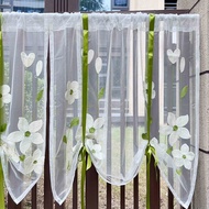 COD Vintage White Floral Leaf Embroidery Sheer Balloon Curtain Adjustable Tie-Up Door Curtain with Green Strings French Style Roman Tulle Kitchen Valance for Small Window Rod Pocket GFBGVHVG