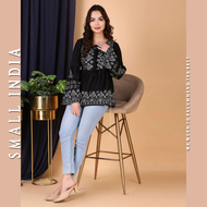 {**ส่งฟรี**} SMALL INDIA 🌺 Rayon Foil Print Kurti 🌺 Black Kurti Top Only