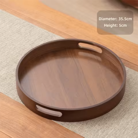 Decorate Tray Round Bamboo Wooden Tray Walnut Color With Handle Food Storage Trays Tea Food Tray Kit