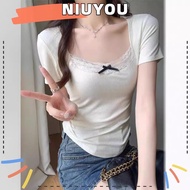 NIUYOU Design Style Cropped Top, Lace Bow Lace Short Sleeve T-shirt, Fashion Korean Style Plain Low Cut Cropped Top Women