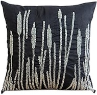 The HomeCentric Black Shams, Beaded Millet Grass Design Cushion Shams, Pack of 2, 60x60 cm (24"x24") Cushion Sham, Square Silk Shams, Contemporary Cushion Shams, Floral Pillow Shams - Black Beauty