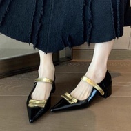 รองเท้า Mary Jane ส้นสูงหนาสั้นหนึ่งสายโบว์ฝรั่งเศสปลายแหลมรองเท้าเดี่ยว