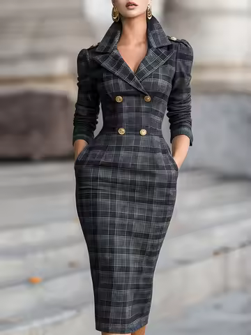 UOOZEE Women's Plaid Double-Breasted Bodycon Dress Long Sleeves Formal Office Workwear Vintage Elega