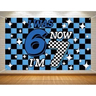 150x100cm 6 7 Birthday Party Decoration Blue Checkered I was 6 Now I'm 7 Photo Booth Backdrop Boy Sc