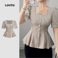 (Elegant) Lovito Blouse Button Front Ruffle Hem Spring/summer Brown Blouse for Women L142LD042 (New)