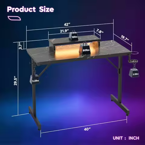 Gaming Desk with LED Lights, 42 inch Computer Desk with Monitor Stand Gamer Workstation with Cup Hol