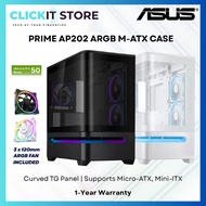 ASUS PRIME AP202 TG ARGB (3 x ARGB Fans Included) Black / White mATX PC Case | Curved TG Panel