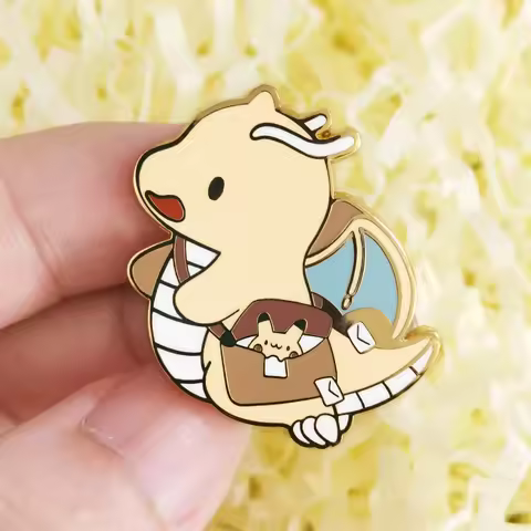 Cute Pokemon Dragon Hard Enamel Pin Cartoon Kawaii Yellow Flying Dragon Golden Metal Brooch Video Ga