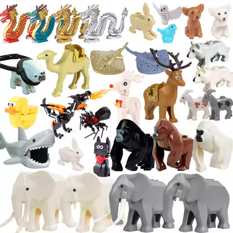 MOC City Animal Building Blocks Street View Zoo Elephant Octopus Deer Camel Rabbit Owl Bear Farm Sce