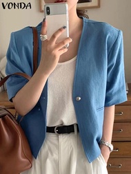 [Ready Stock] VONDA 2023 Summer Women Fashion Blazer Tops Blazer Short Sleeve Solid VNeck Button Cot