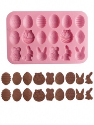 1 件復活節主題矽膠巧克力模具,附 18 個槽（雞蛋、兔子、兔子頭、籃子形狀）,適合 Diy 巧克力、糖果和果凍製作