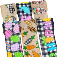 Whaline 6 Rolls Easter Wired Edge Ribbon 30 Yards Bunny Egg Rabbit Carrot Truck Gnome Fabric Ribbon 