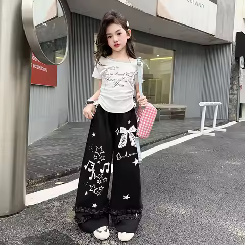 2026 spring teens tracksuit Girls cloth bow graffiti t-shirt crop top or long wide leg pant Kid hip 