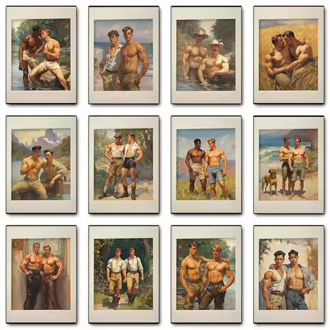 Man Gay Kiss Vintage Muscular Male Body Forest Walk Poster Print Wall Art Pictures Canvas Painting R