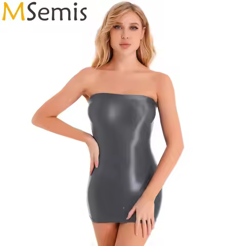 Womens Oil Glossy Strapless Pencil Dress Solid Color Tight Fitting Stretchy Bodycon Mini Dresses Nig