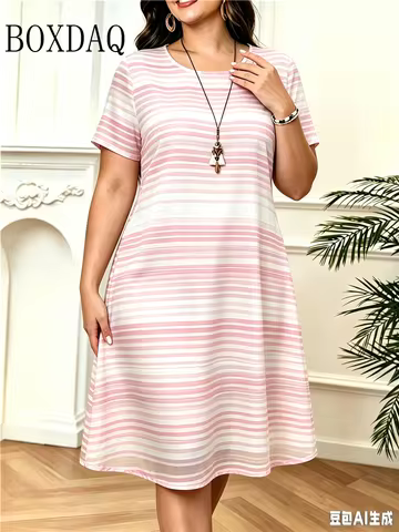 Fashion Striped 3D Print Women'S Dress Summer Streetwear Casual Short Sleeve O-Neck Loose A-Line Dre