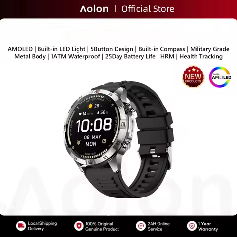 Aolon Military Smart Watch Compass Flashlight AMOLED Bluetooth Call Smartwatch 1ATM Waterproof For O
