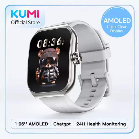 KUMI KU7 Smart Watch 1.96" AMOLED AI Voice Assistant Bluetooth Call NFC IP68 Waterproof SOS Heart Ra
