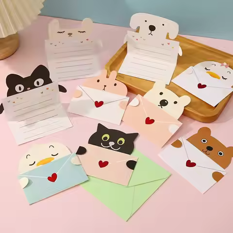 9Pcs Cartoon Animal Gift Card with Envelope Folded Greeting Card Holiday Wishes Postcards for Birthd