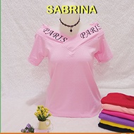 Kaos atasan wanita Tulisan sablon paris dileher blouse Boatneck atau vneck / sabrina model kekinian