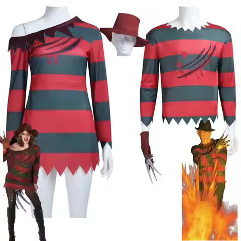 Nightmare Freddy Krueger Cosplay Horror Costume Freddy Striped Long Sleeved T-shirt Hat Gloves Suit 