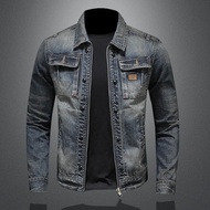 Stylish Retro Biker Denim Jacket Mens Slim Fit Casual Trend Coat Cool Jeans Clothes ความยาวปกติจากจี