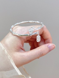 新中式竹节莲花纯银手镯S9999足银实心推拉银镯子礼物 Bamboo Lotus Sterling Silver Bracelet S999 Full Silver Solid Push-pull S