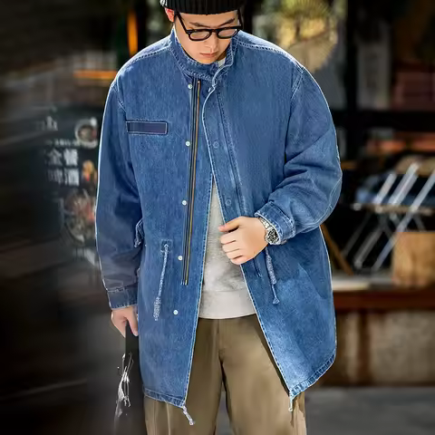 Maden American Retro M65 Denim Fishtail Trench Coats Loose Profile Mid-length Windbreaker Men's Autu