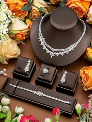 5入組假鑲嵌鉑金奢華項鍊、手鐲、耳環、戒指和開口手鐲珠寶套裝，優雅女性珠寶套裝，適用於約會、派對、週年慶祝，附贈禮盒包裝