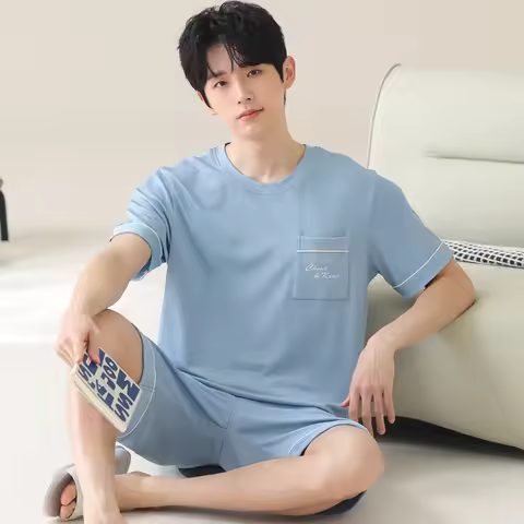 Summer Short Sleeve ice silk pajama set men's thin loungewear korean sports Sleepwear students casua