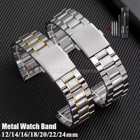Stainless Steel Watchband 12mm 14mm 16mm 18mm 20mm 22mm 24mm Metal Watch Strap Lock Buckle Adjustabl