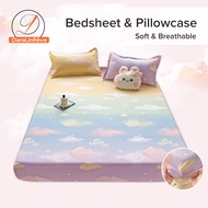 Dansunreve Bed Sheet Soft Breathable Fittedsheet Cartoon Flower Printed Fitted Bed Sheet Single/Supe