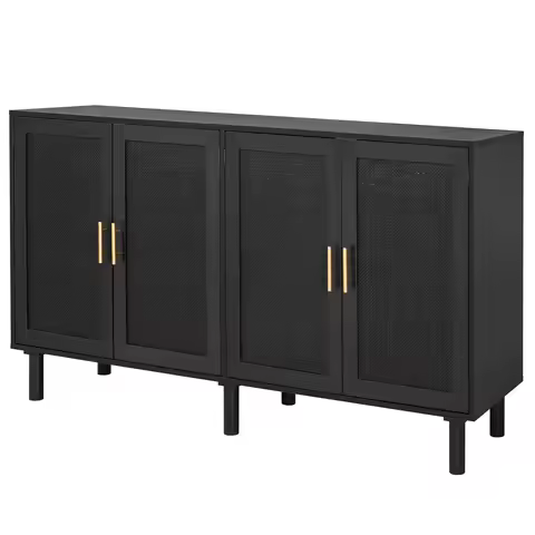 4-Door Buffet Sideboard Black Rattan Kitchen Storage Console Liquor Cabinet 62.3x15.7x34.6, Customiz