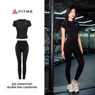 Fitme yoga gym set, body-hugging black crop top, figure-flattering 2-layer black leggings gym clothe