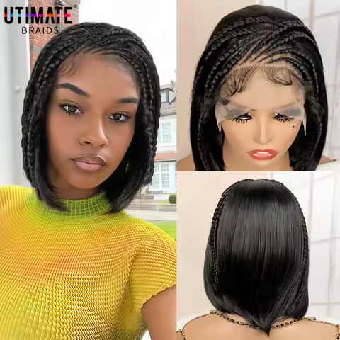 Synthetic Braided Wigs 12 Inches Straight Bob Cornrow Braids Wig 13x4 Transparent Lace Frontal Braid