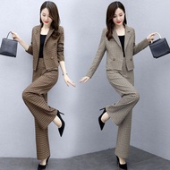 2 Pieces Set Office Formal OL Wear Trendy suit Long Sleeve Plaid Blazer +Long Pants Plus Size Women's Casual Set female