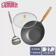 日本Summit 輕量氮化處理鐵鍋-27cm炒鍋(鑽石紋)+玻璃蓋+不鏽鋼鍋鏟