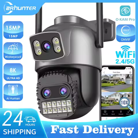 15MP Outdoors Wifi Camera 8KHD Three Lens Security 5G Wifi PTZ IP Camera 10X Digital Zoom Lens Human