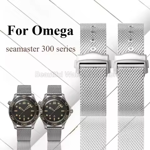 Black 20mm Mesh Watchband for Omega Seamaster Stainless Steel Special Buckle Flat Interface Sweatpro