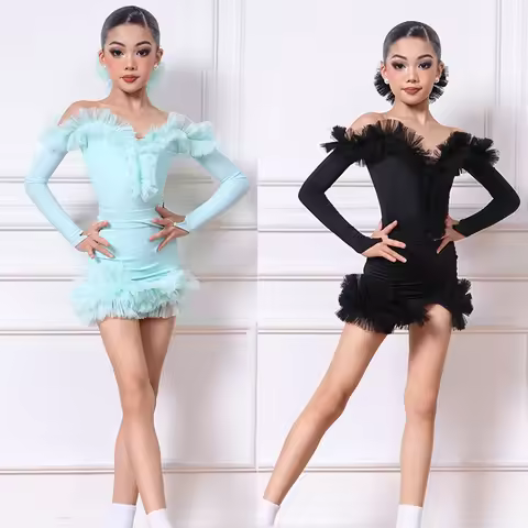 Winter Latin Dance Competition Costume Girls Long Sleeved Latin Dance Dress Kids Samba Tango Rumba D