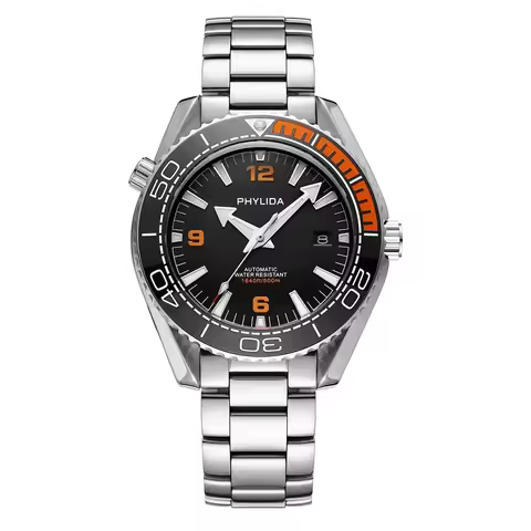 PHYLIDA 43.5mm Men's Automatic Watch Black with Orange Dial Sapphire Crystal Ceramic Insert Nh35 Mov