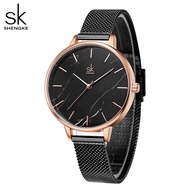 Shengke นาฬิกาสายสแตนเลสสีดำนาฬิกาข้อมือสตรีใหม่หินอ่อน Sur Reloj Mujer นาฬิกาข้อมือมียี่ห้อควอตซ์ญี