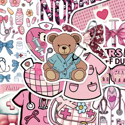 50pcs Pink Bow Nurse Sticker Cartoon Medical Equipment Clothes Decal DIY Handbook Guitar Phone Lugga