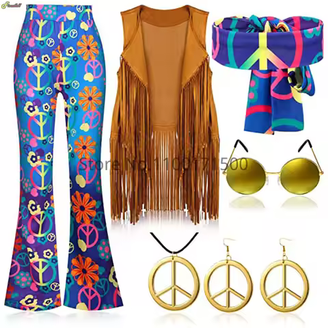 Halloween Hippie Costume Women's Set for Carnival 70s Clothing Accessories Six-Piece Set Tassel Vest
