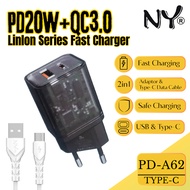 NY TRAVEL CHARGER PD-A62 20W USB A + C + TYPE C CABLE BLACK TRANSPARENT FAST CHARGING EX AZEADA