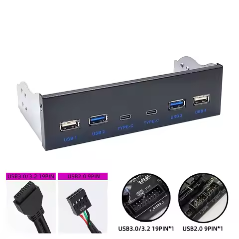 USB 3.0 Front Panel for Desktop 5.25" CD-ROM Drive Bay USB3.0/3.2 19Pin USB2.0 9Pin to 2x USB Type C
